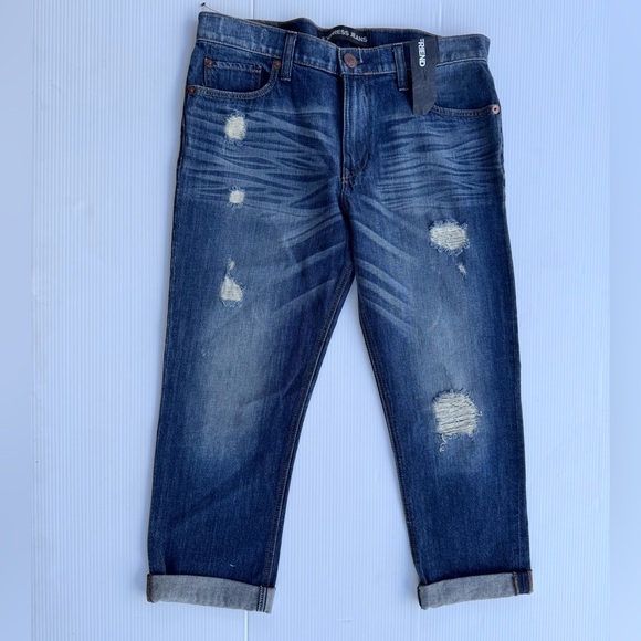 EXPRESS Jeans Boyfriend Distressed Cuffed Dark Blue Denim Women’s Size 4 NWOT - Picture 1 of 16